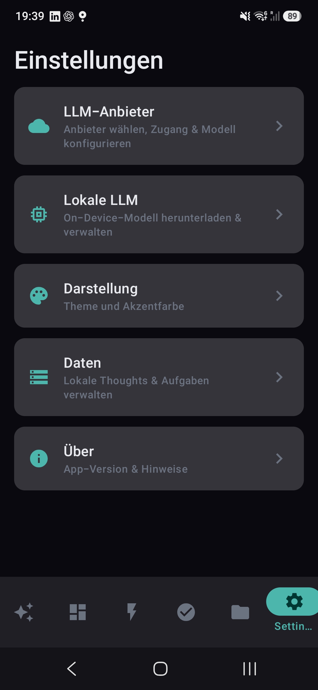 Einstellungsansicht der mobilen Anwendung Nexus