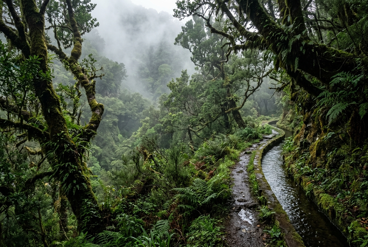 Lush green Laurissilva forest path in Madeira