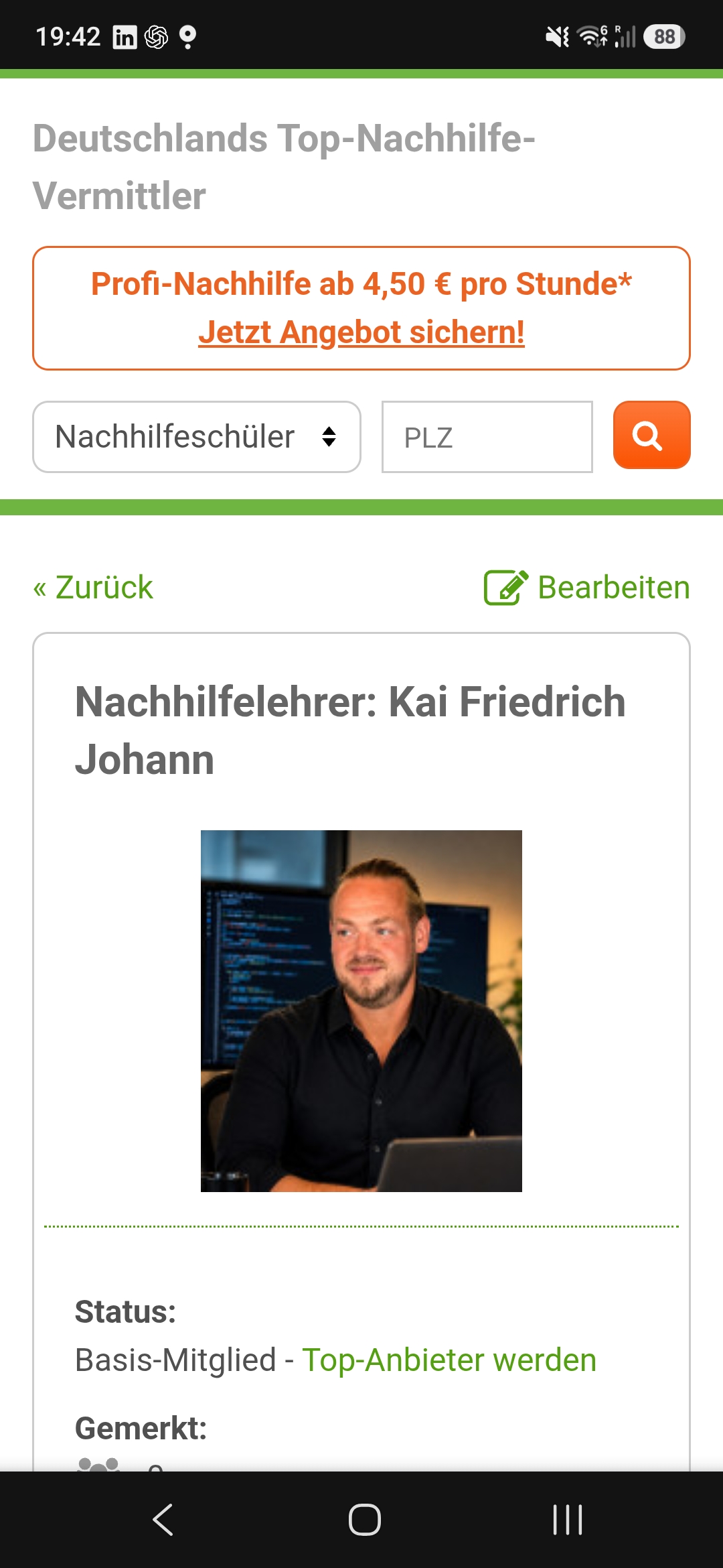 Mobile Ansicht eines Profils für IT-Nachhilfe