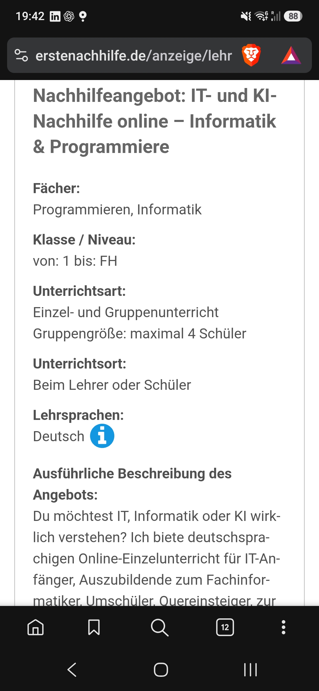 Mobile Ansicht eines Angebots für IT- und KI-Nachhilfe