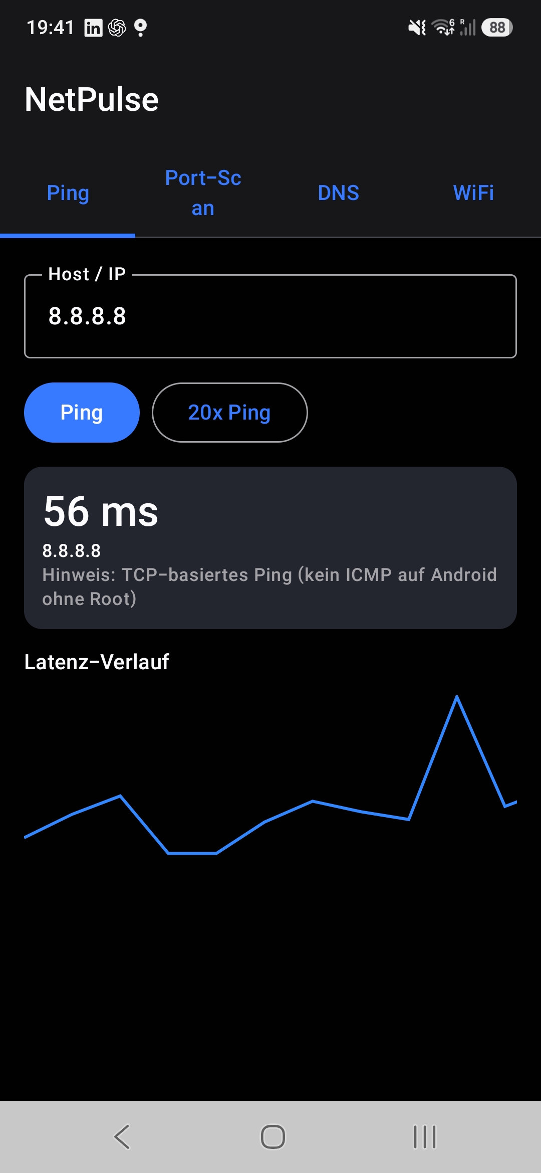 Alternative Ansicht der mobilen Anwendung NetPulse